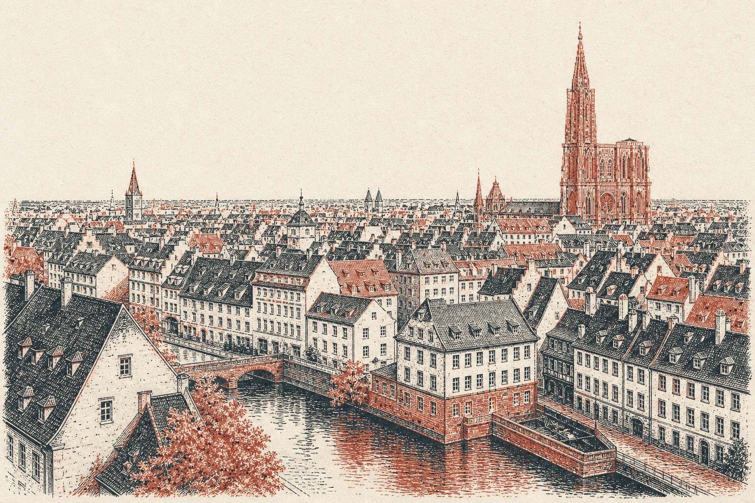 Gravure en deux encres des toits de la Grande Île de Strasbourg, la flèche de la cathédrale à droite, l’Ill au premier plan.